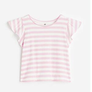 H&M Girls Flutter-sleeved jersey pink white stripe top 5T